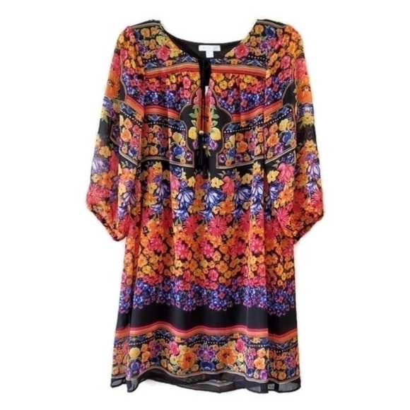 New York & Company Lightweight Flowy Vibrant Floral Boho Style Shift Dress - Picture 1 of 16